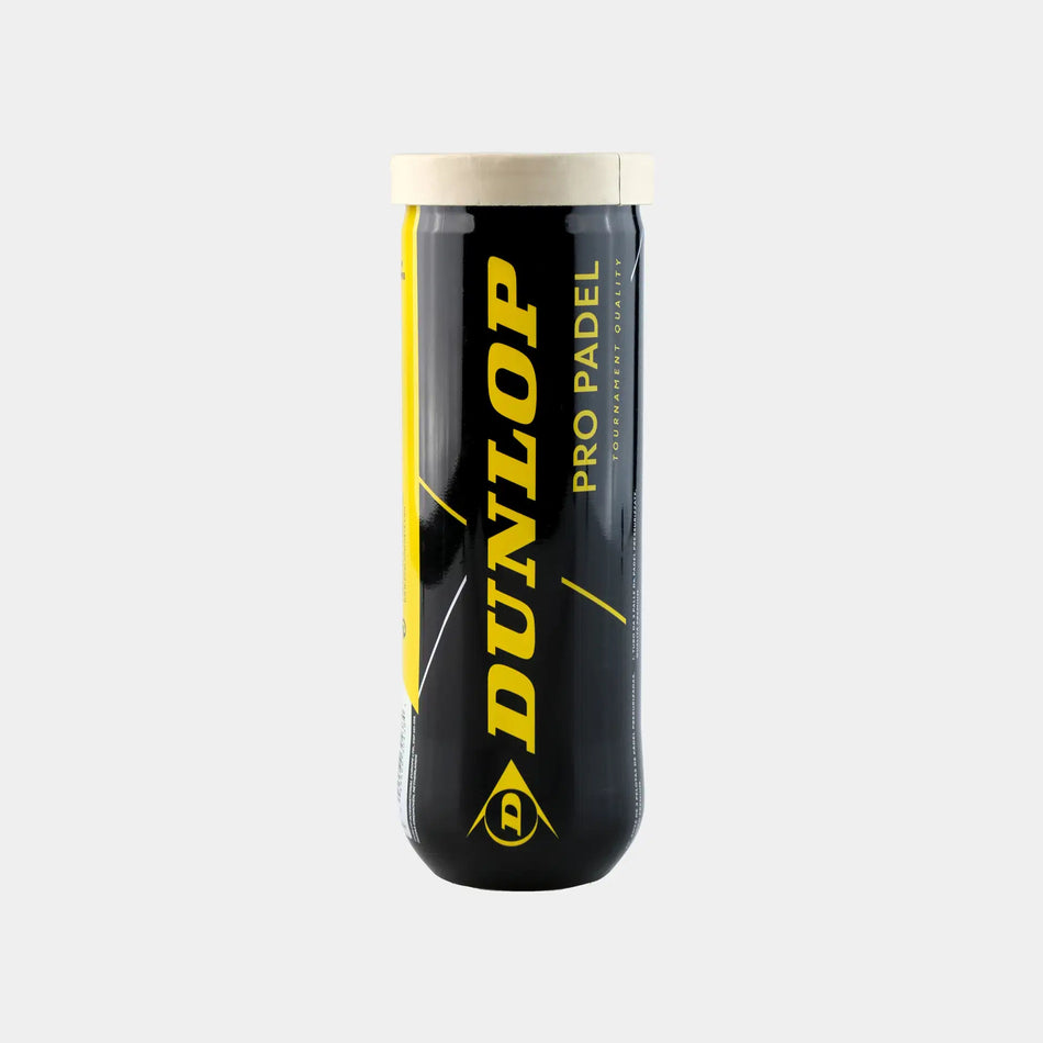 A black and yellow Dunlop Pro Padel (3 Ball Tube) with a white lid, made by Dunlop for FIP approved premium padel balls, stands upright against a plain light gray background.