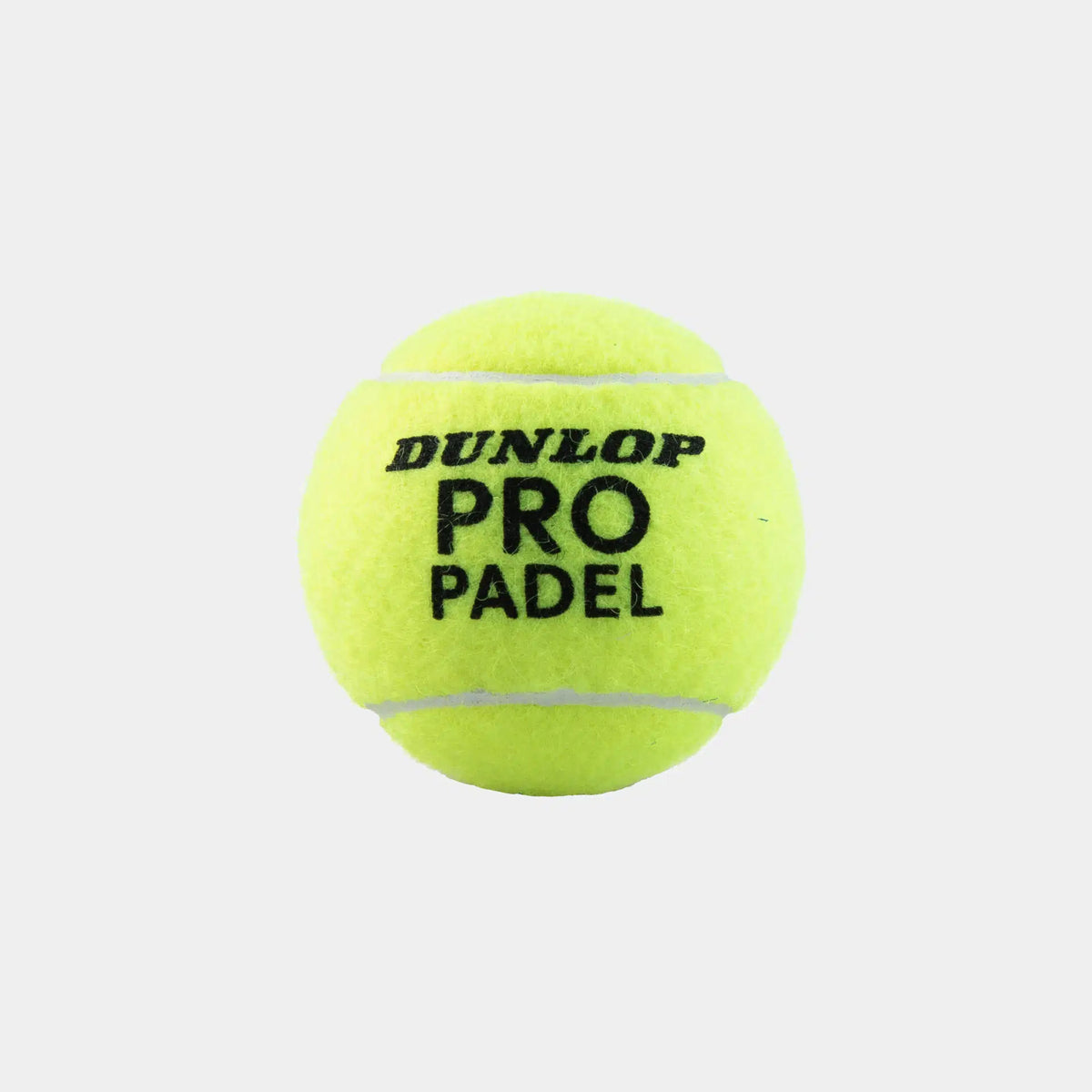 A bright yellow Dunlop Pro Padel ball with white seams is centered on a plain white background. The brand and ball type appear in bold black letters on this FIP-approved performance padel ball from the Dunlop Pro Padel (3 Ball Tube).