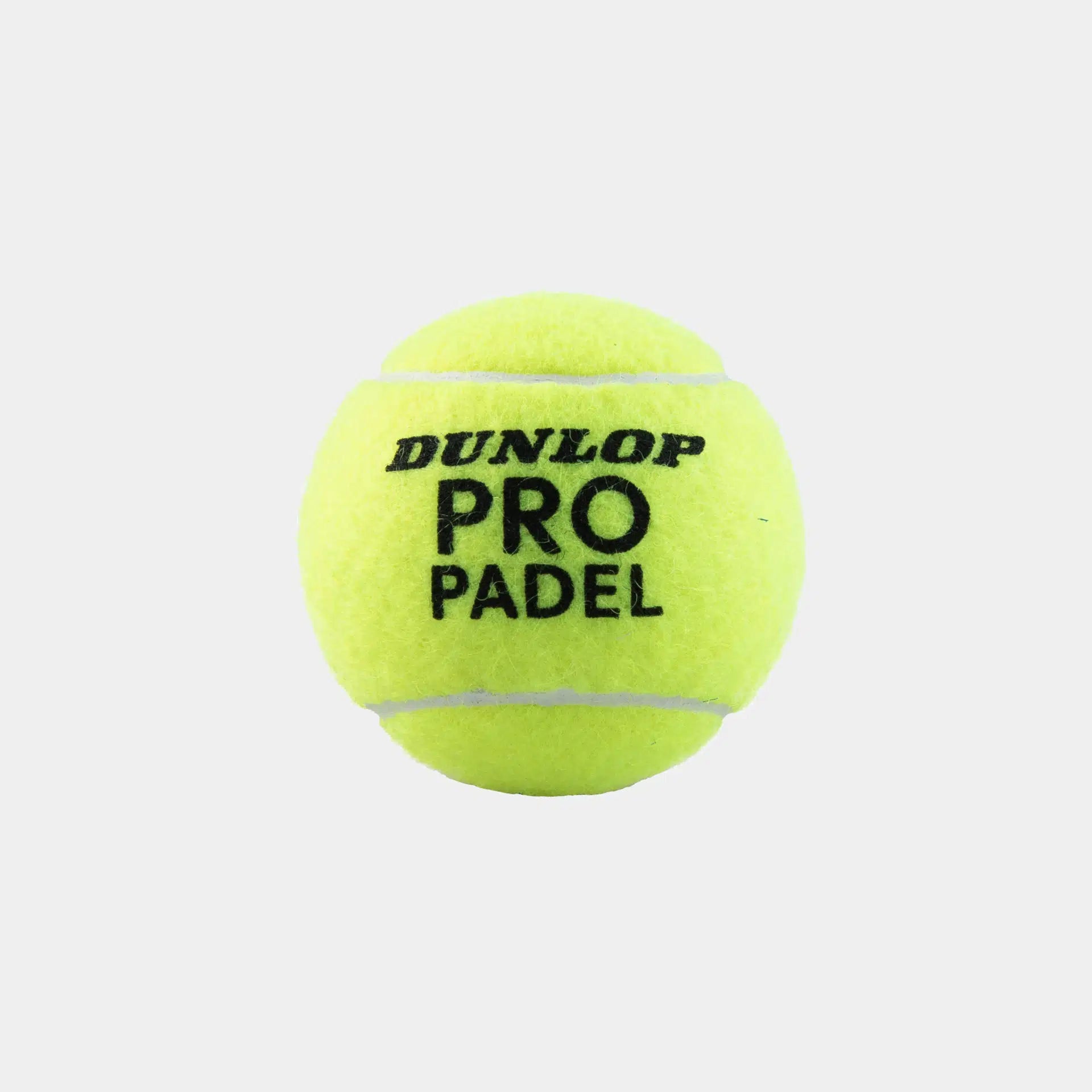 A bright yellow Dunlop Pro Padel ball with white seams is centered on a plain white background. The brand and ball type appear in bold black letters on this FIP-approved performance padel ball from the Dunlop Pro Padel (3 Ball Tube).
