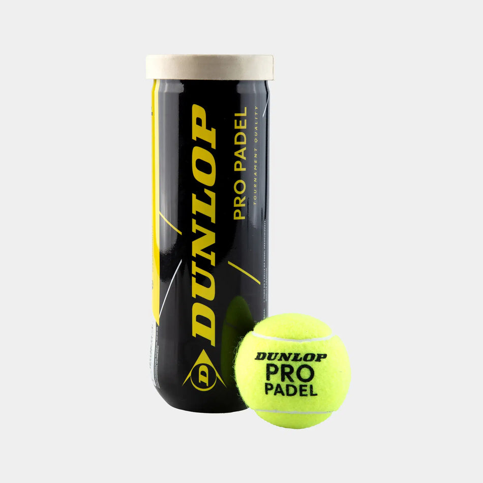 A black Dunlop Pro Padel (3 Ball Tube) canister with yellow accents stands upright beside a bright yellow ball on a light background—FIP approved, this premium Dunlop padel ball is crafted for top performance.