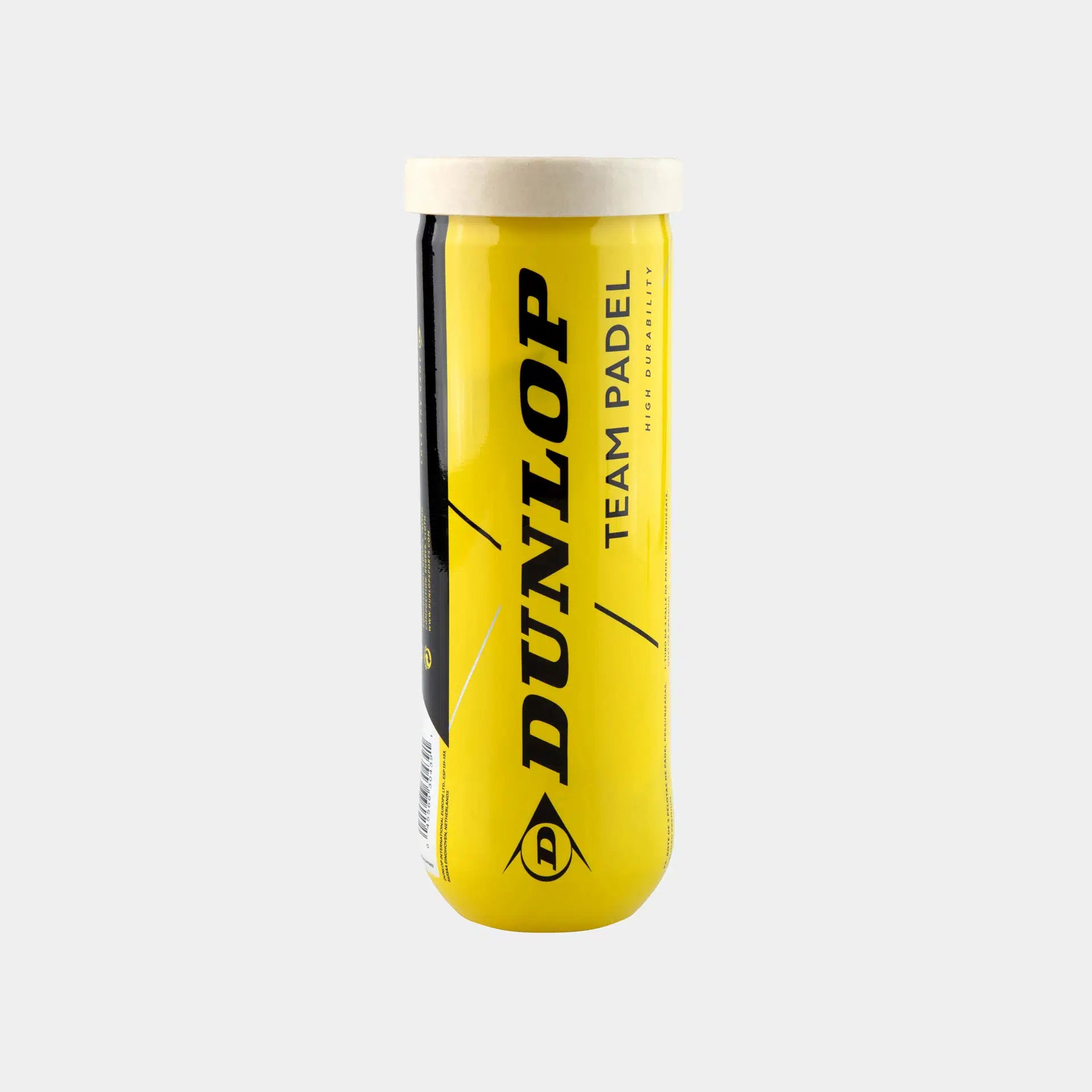 A Dunlop Team Padel Balls - 3 Ball Tube canister, yellow with a white lid and bold black branding, stands against a light gray background. Durable and reliable, these Dunlop balls are ideal for players seeking quality.