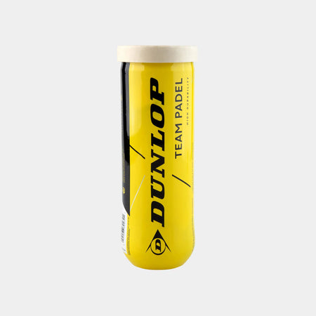 A Dunlop Team Padel Balls - 3 Ball Tube canister, yellow with a white lid and bold black branding, stands against a light gray background. Durable and reliable, these Dunlop balls are ideal for players seeking quality.