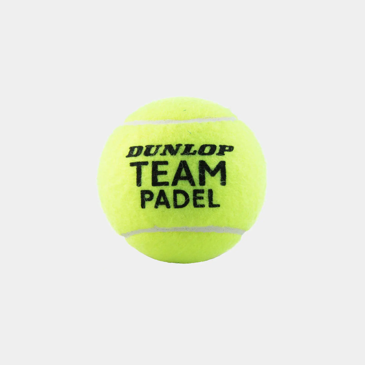 A vibrant yellow Dunlop Team Padel Ball from the Dunlop Team Padel Balls - 3 Ball Tube is displayed on a plain white background. It features black text, two curved white lines, a fuzzy texture, and is highly durable.