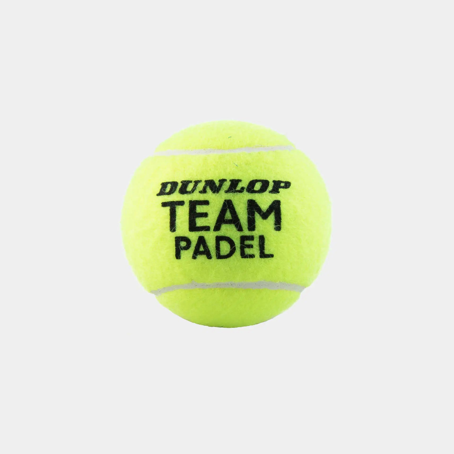 A vibrant yellow Dunlop Team Padel Ball from the Dunlop Team Padel Balls - 3 Ball Tube is displayed on a plain white background. It features black text, two curved white lines, a fuzzy texture, and is highly durable.