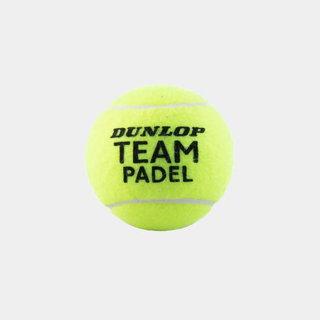 A vibrant yellow Dunlop Team Padel Ball from the Dunlop Team Padel Balls - 3 Ball Tube is displayed on a plain white background. It features black text, two curved white lines, a fuzzy texture, and is highly durable.