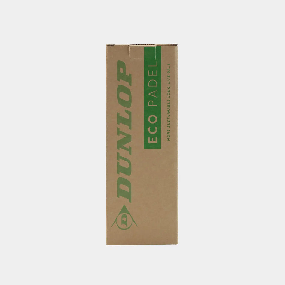 A rectangular brown cardboard box with green "Dunlop Eco Padel" text on the front, showcasing Dunlop's eco-friendly packaging for a 3 ball box of pressureless padel balls, set against a plain white background.