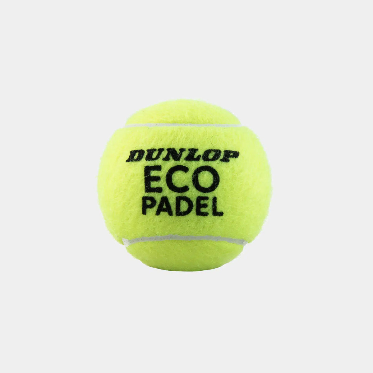 A Dunlop Eco Padel tennis ball from the 3 Ball Box, featuring "DUNLOP ECO PADEL" printed in black on yellow synthetic cloth, is displayed against a white background.