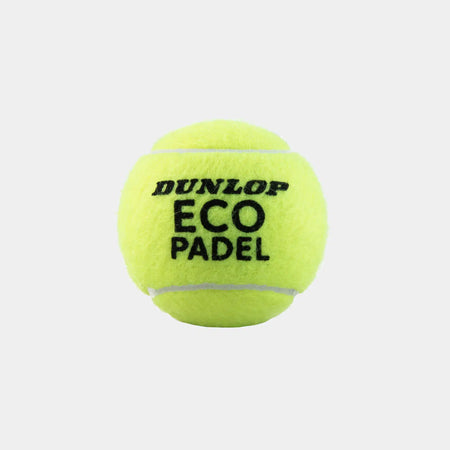 A Dunlop Eco Padel tennis ball from the 3 Ball Box, featuring "DUNLOP ECO PADEL" printed in black on yellow synthetic cloth, is displayed against a white background.