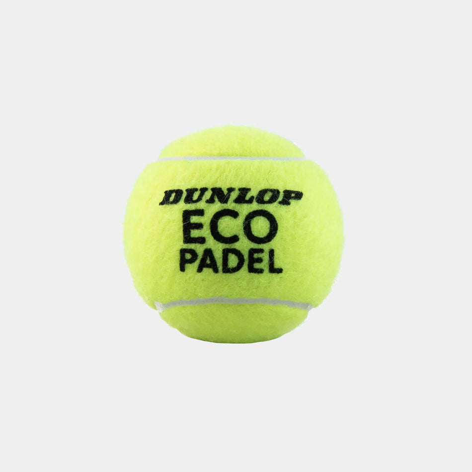 A Dunlop Eco Padel tennis ball from the 3 Ball Box, featuring "DUNLOP ECO PADEL" printed in black on yellow synthetic cloth, is displayed against a white background.