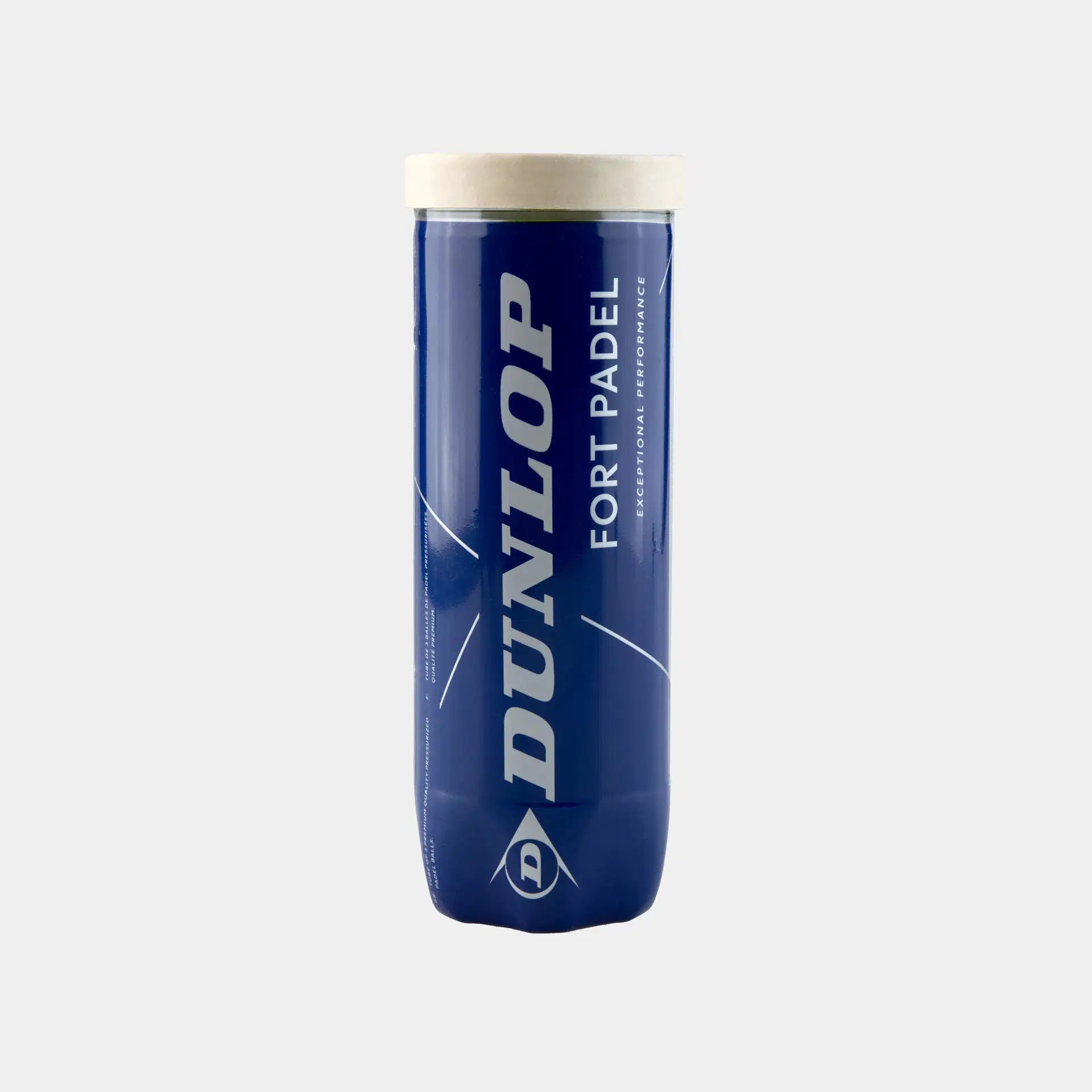 A blue cylindrical Dunlop Fort Padel (3 Ball Tube) can with a white lid and bold white Dunlop branding. This FIP-approved padel ball tube stands out against a plain light gray background.