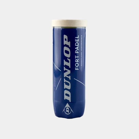 A blue cylindrical Dunlop Fort Padel (3 Ball Tube) can with a white lid and bold white Dunlop branding. This FIP-approved padel ball tube stands out against a plain light gray background.