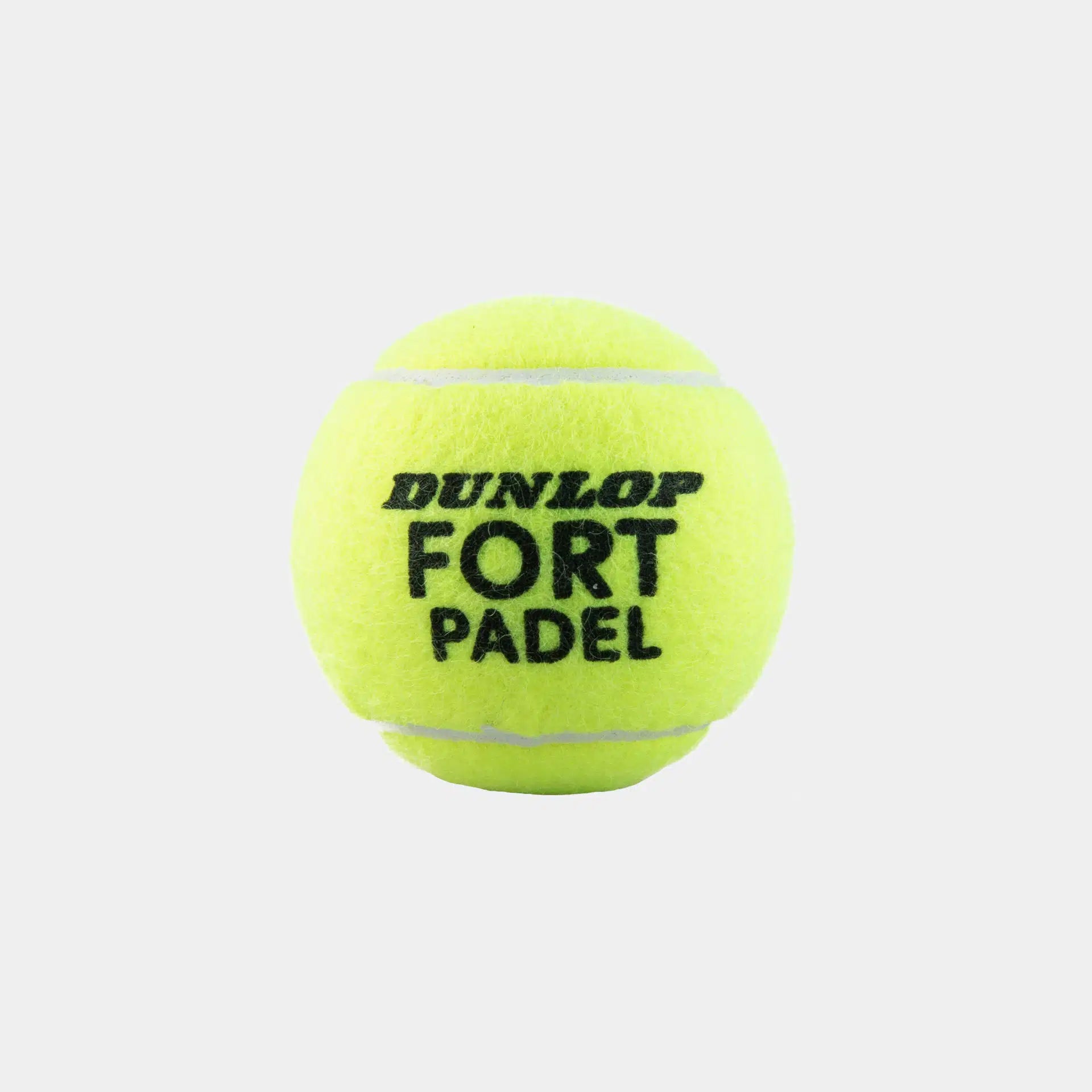 A tube of Dunlop Fort Padel balls (3-ball pack) by Dunlop, featuring FIP-approved bright yellow balls with gray seams and bold black "DUNLOP FORT PADEL" text, displayed on a plain white background.