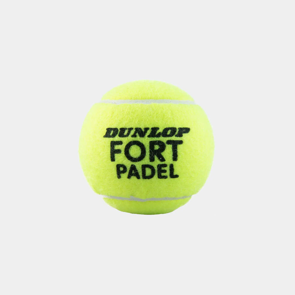 A tube of Dunlop Fort Padel balls (3-ball pack) by Dunlop, featuring FIP-approved bright yellow balls with gray seams and bold black "DUNLOP FORT PADEL" text, displayed on a plain white background.