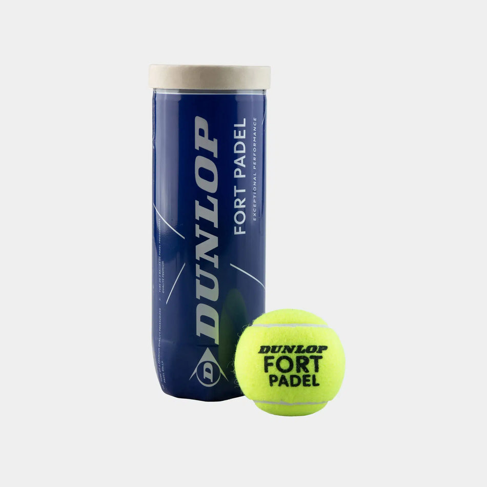 A blue cylindrical Dunlop Fort Padel (3 Ball Tube) stands beside a bright yellow Dunlop padel ball, both featuring matching branding and displayed against a plain white background.