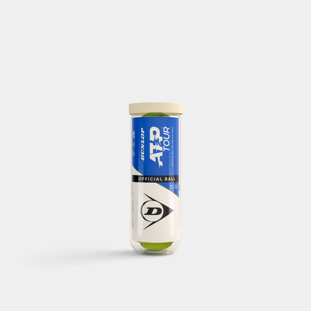 A Dunlop ATP Tour (3 Ball Tube) stands upright on a plain light gray background, displaying the Dunlop logo and branding—perfect for tour-level tennis performance.