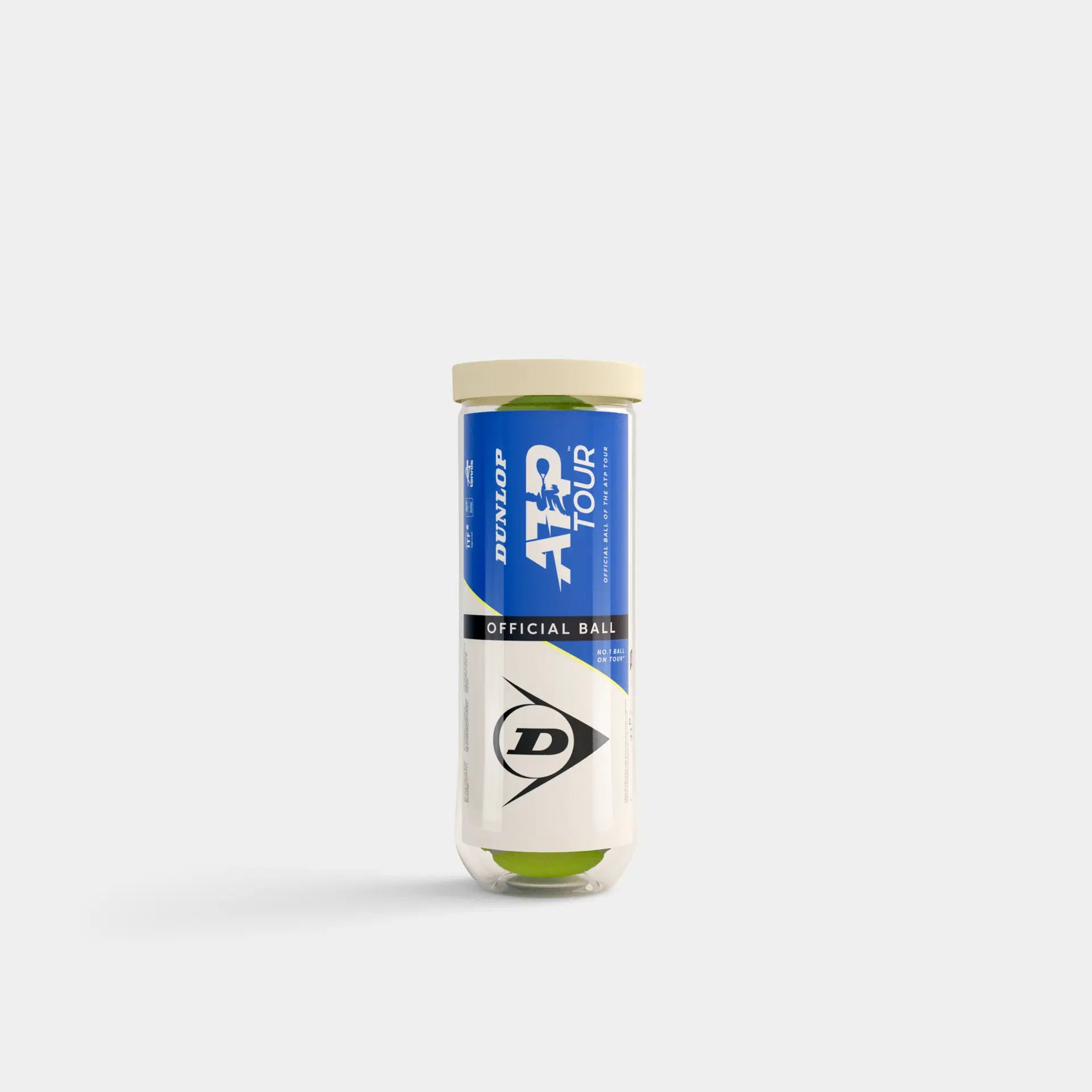 A Dunlop ATP Tour (3 Ball Tube) stands upright on a plain light gray background, displaying the Dunlop logo and branding—perfect for tour-level tennis performance.