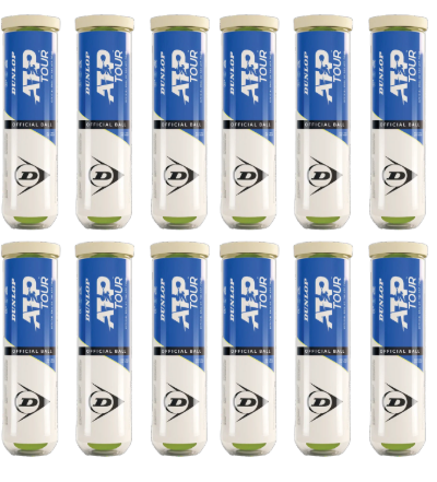 Twelve Dunlop ATP Tour (4 Ball Tube) cans are arranged in three rows of four, with blue and white labels and clear packaging that displays the tour-level green tennis balls inside.