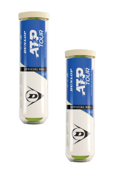 Two tubes of Dunlop ATP Tour (4 Ball Tube) tennis balls by Dunlop, featuring blue and white labels, stand upright against a white background—designed for top tour-level court performance.