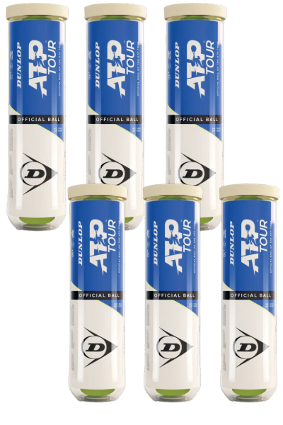 Six Dunlop ATP Tour (4 Ball Tube) cans, each with a blue and white label and beige lid, are arranged in two rows—premium tour-level tennis balls from Dunlop trusted by professionals.