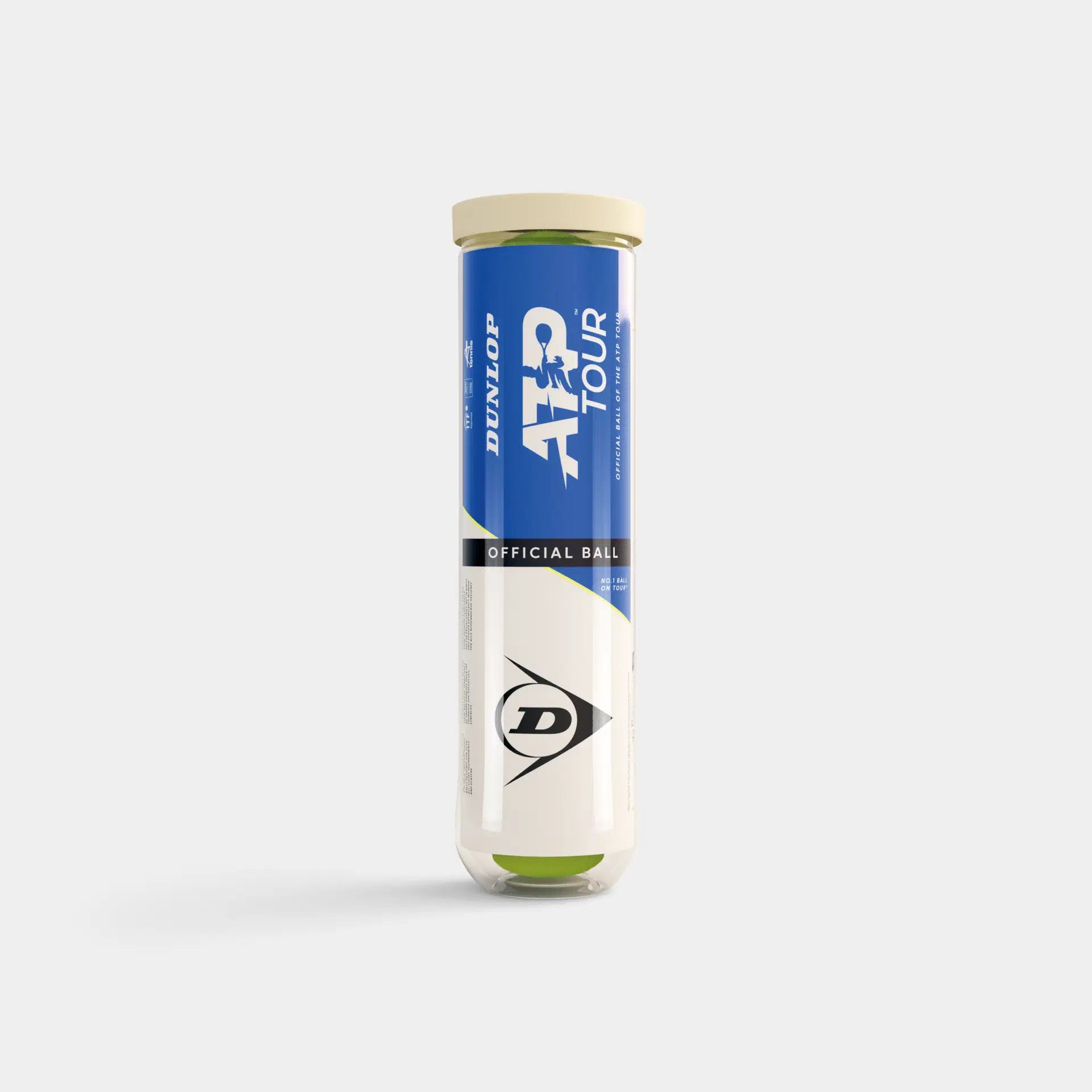 A Dunlop ATP Tour (4 Ball Tube) stands upright on a white background, displaying the blue and white label with Dunlop branding—perfect for players after tour-level performance.