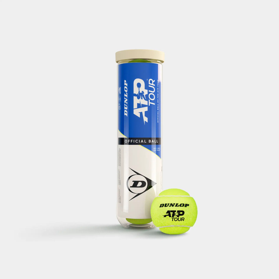 A Dunlop ATP Tour (4 Ball Tube) stands upright next to a single yellow tennis ball, both highlighting the Dunlop branding and engineered for tour-level play, set against a plain white background.