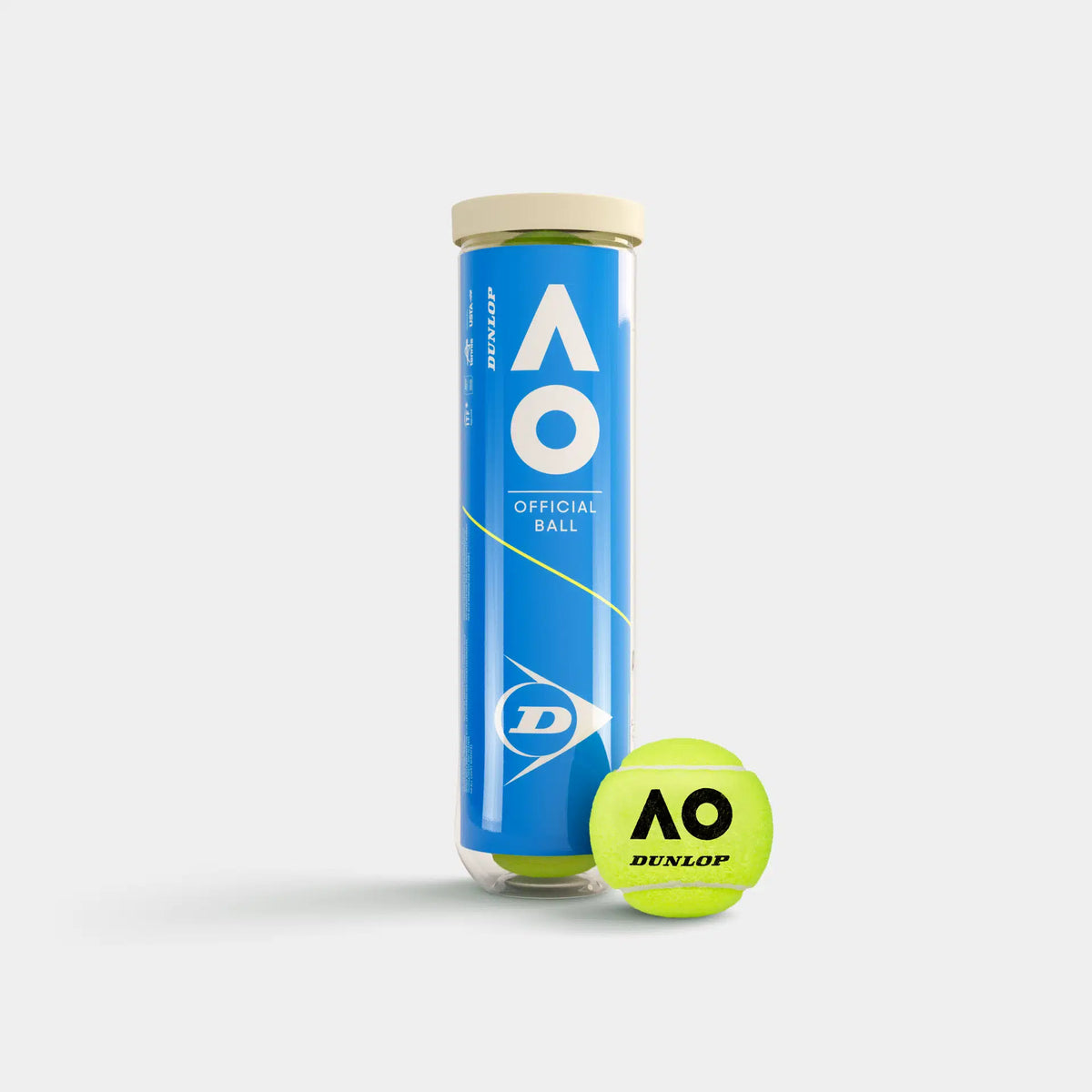 A tube of Dunlop Australian Open Tennis Balls (4 Ball Tube) stands upright beside a yellow ball with AO and Dunlop logos, showcasing Grand Slam performance against a plain light background.