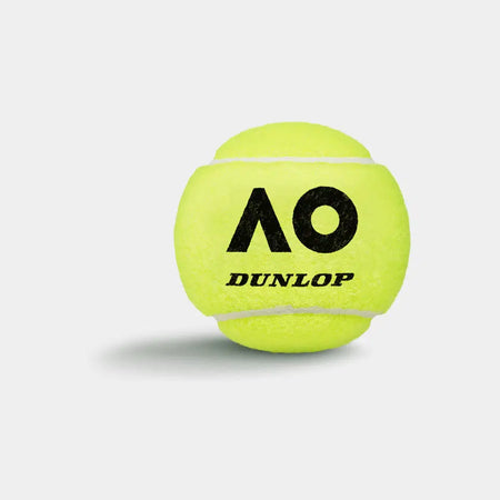 A bright yellow Dunlop Australian Open Tennis Ball from a 4 Ball Tube, featuring the black AO logo and DUNLOP text, casts a faint shadow on a white background—engineered for Grand Slam performance.