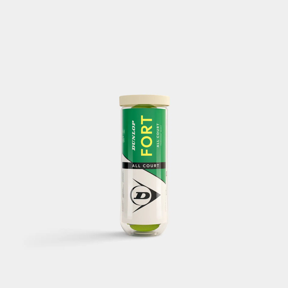A Dunlop Fort All Court Tennis Ball (3 Ball Tube) by Dunlop, featuring a green and white label, contains three yellow elite-level tennis balls in a cylindrical can, displayed upright on a plain white background.