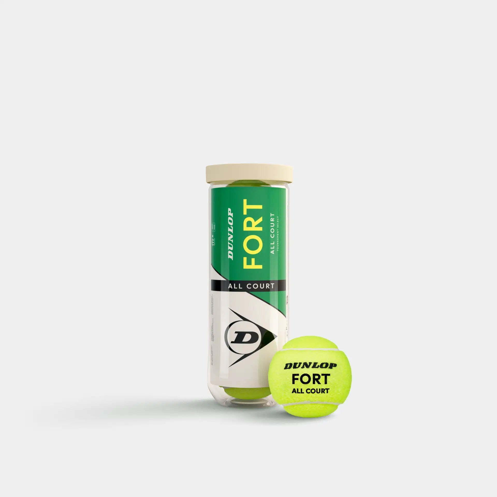 A Dunlop Fort All Court Tennis Ball (3 Ball Tube) by Dunlop stands upright beside a single yellow ball, highlighting its elite performance against a plain light background.