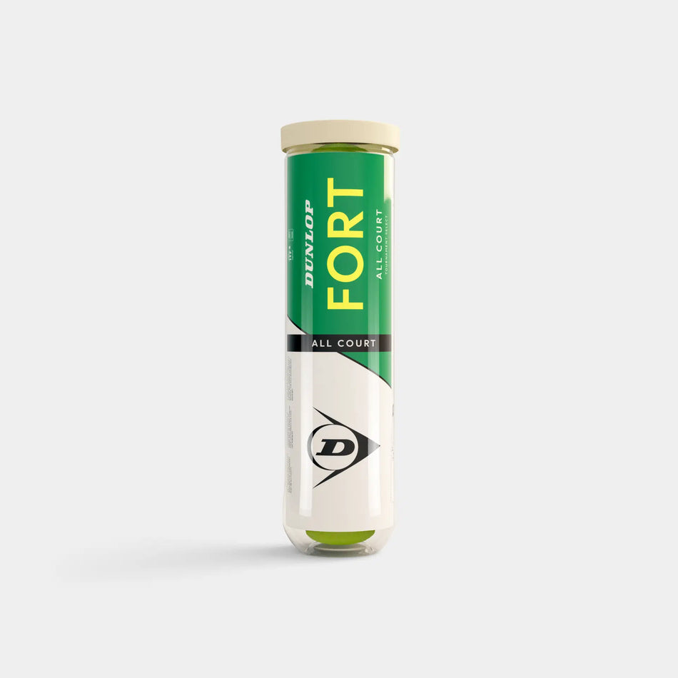 A Dunlop Fort All Court Tennis Ball (4 Ball Tube) stands upright on a plain light background, featuring a green and white label with the Dunlop logo, representing elite-level performance for all surfaces.