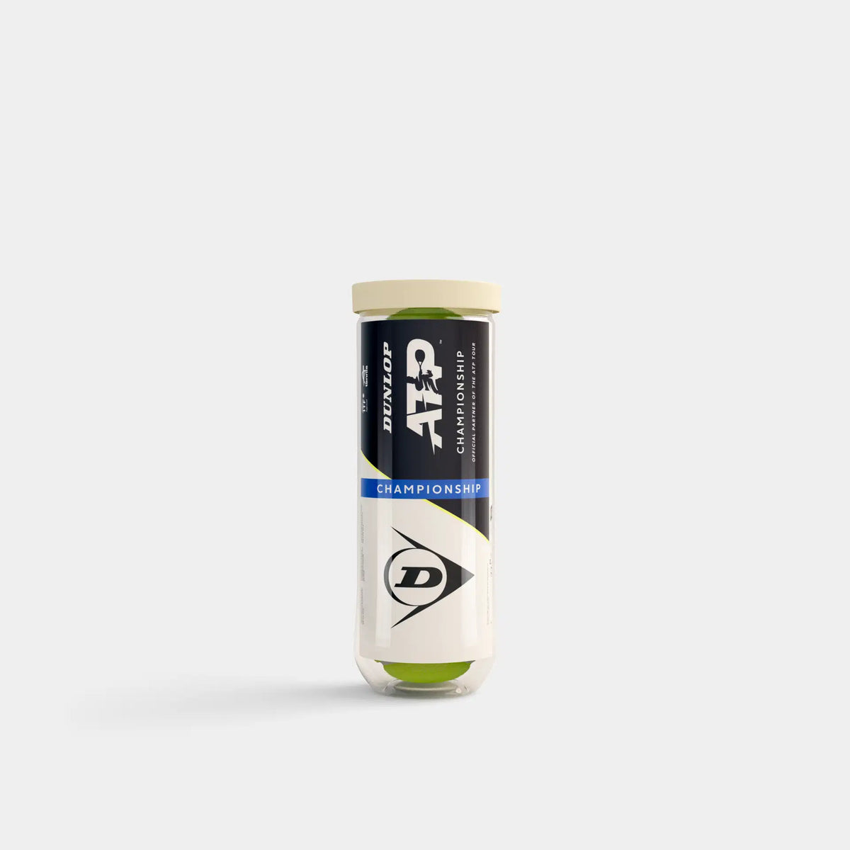 A Dunlop ATP Championship Tennis Ball - 3 Ball Tube by Dunlop, featuring a white lid, clear body displaying three yellow balls, and a black, blue, and white label on a plain light background.