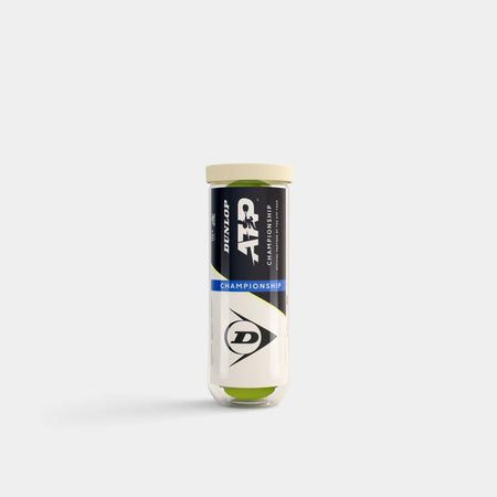 A Dunlop ATP Championship Tennis Ball - 3 Ball Tube by Dunlop, featuring a white lid, clear body displaying three yellow balls, and a black, blue, and white label on a plain light background.