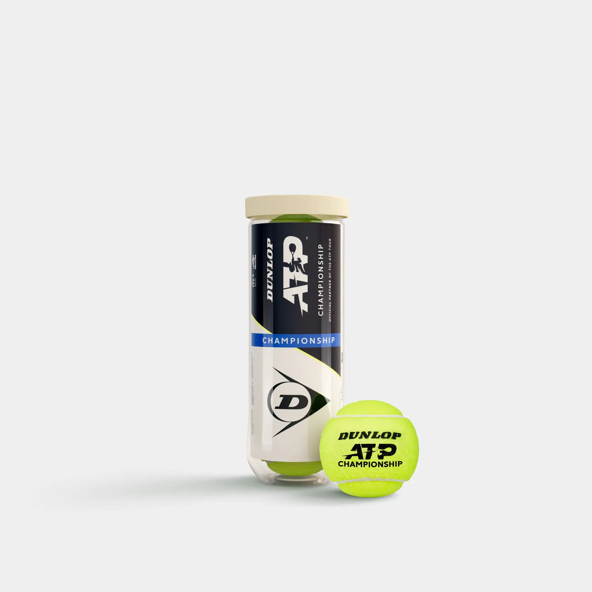 A Dunlop ATP Championship Tennis Ball - 3 Ball Tube by Dunlop, with three entry-level balls (one in front), displayed against a plain light background.