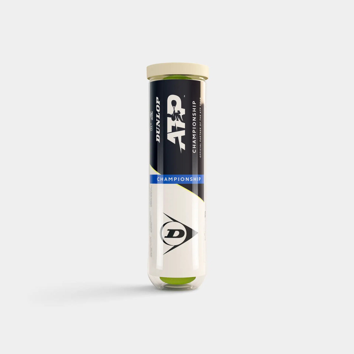 A tube of Dunlop ATP Championship Tennis Balls holds 4 balls and features a black, white, and blue label; it stands upright against a plain white background.
