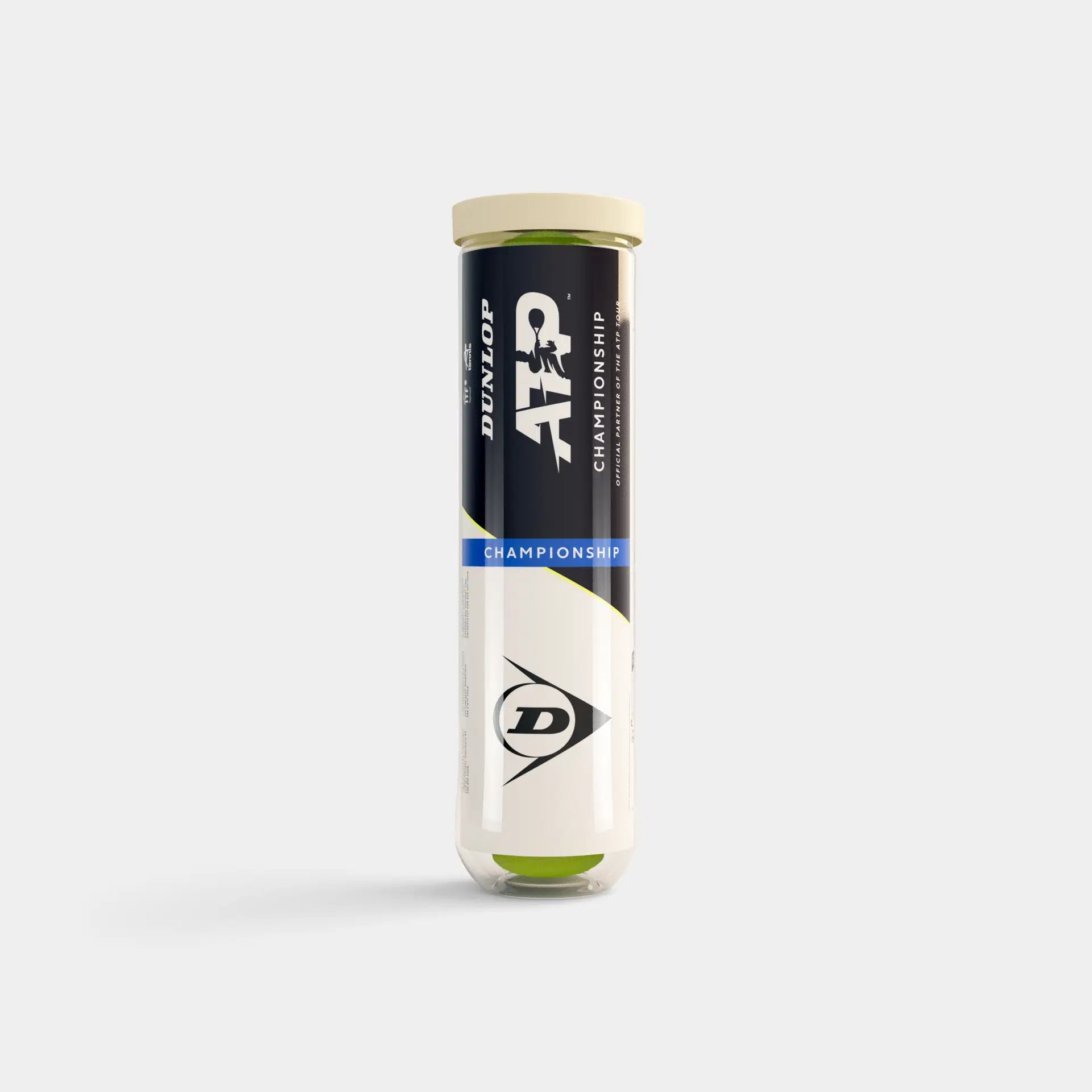 A tube of Dunlop ATP Championship Tennis Balls holds 4 balls and features a black, white, and blue label; it stands upright against a plain white background.