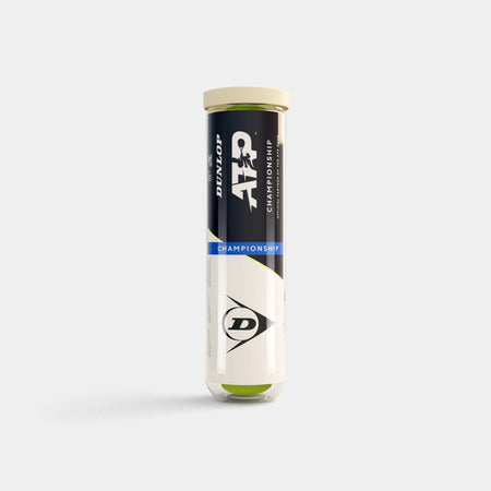 A tube of Dunlop ATP Championship Tennis Balls holds 4 balls and features a black, white, and blue label; it stands upright against a plain white background.
