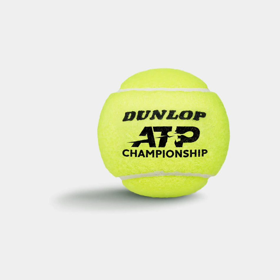 A tube of four yellow Dunlop ATP Championship Tennis Balls by Dunlop, ideal for entry-level players, displays bold black branding and rests on a plain light surface with a faint shadow to the left.