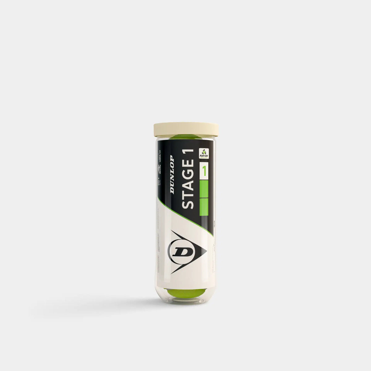 A tube of Dunlop Stage 1 Tennis Balls (three per tube) by Dunlop with a white lid and black-green label featuring the brand logo stands upright on a plain light background. Perfect for progression training sessions.