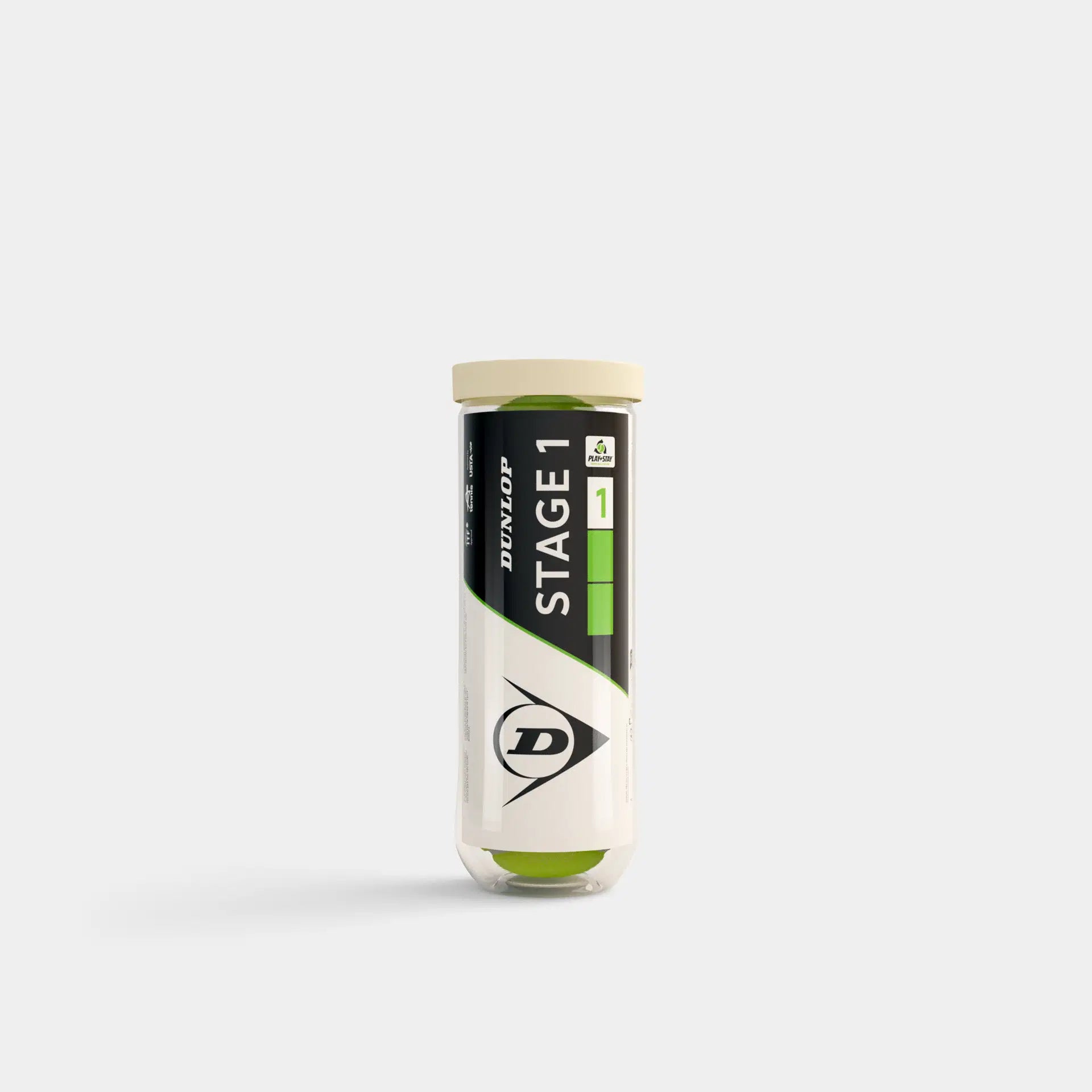 A tube of Dunlop Stage 1 Tennis Balls (three per tube) by Dunlop with a white lid and black-green label featuring the brand logo stands upright on a plain light background. Perfect for progression training sessions.