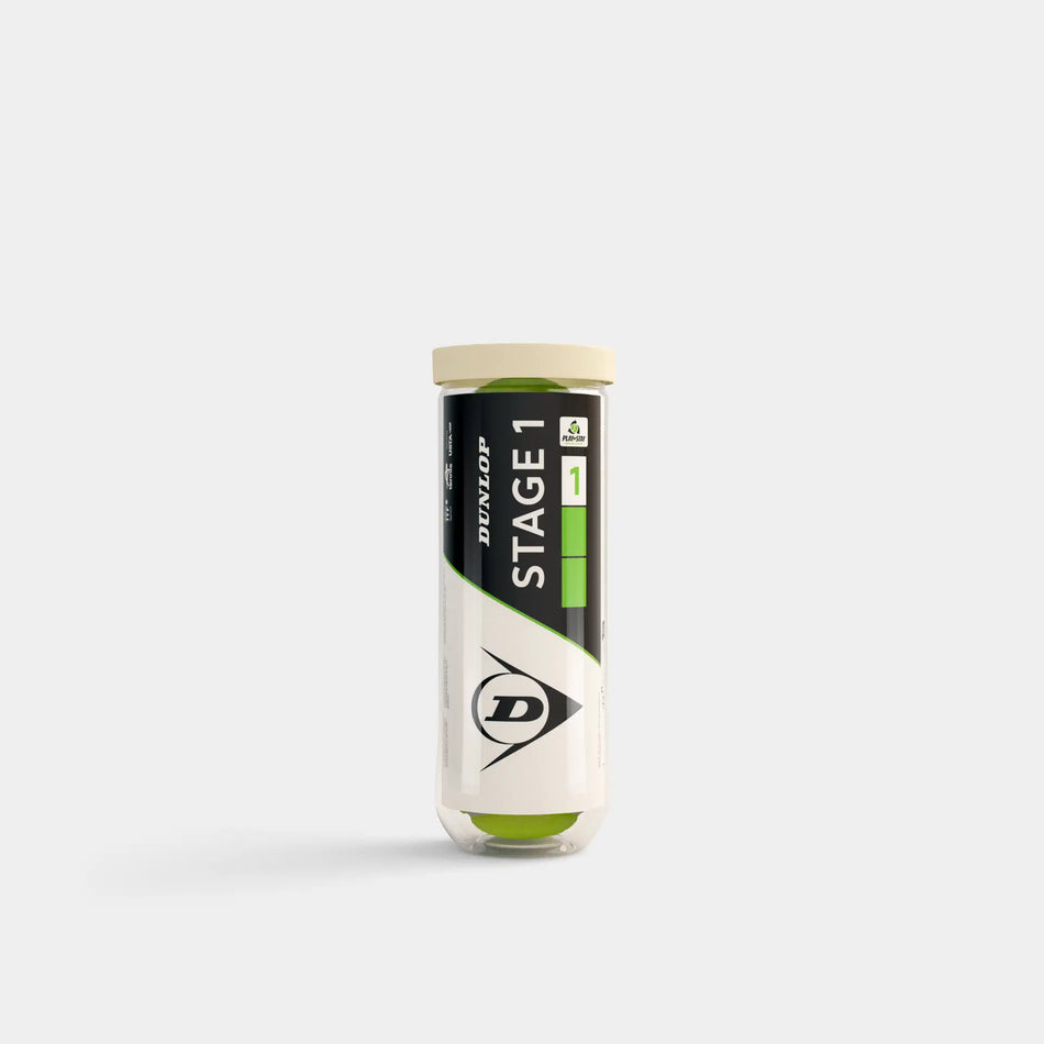 A tube of Dunlop Stage 1 Tennis Balls (three per tube) by Dunlop with a white lid and black-green label featuring the brand logo stands upright on a plain light background. Perfect for progression training sessions.