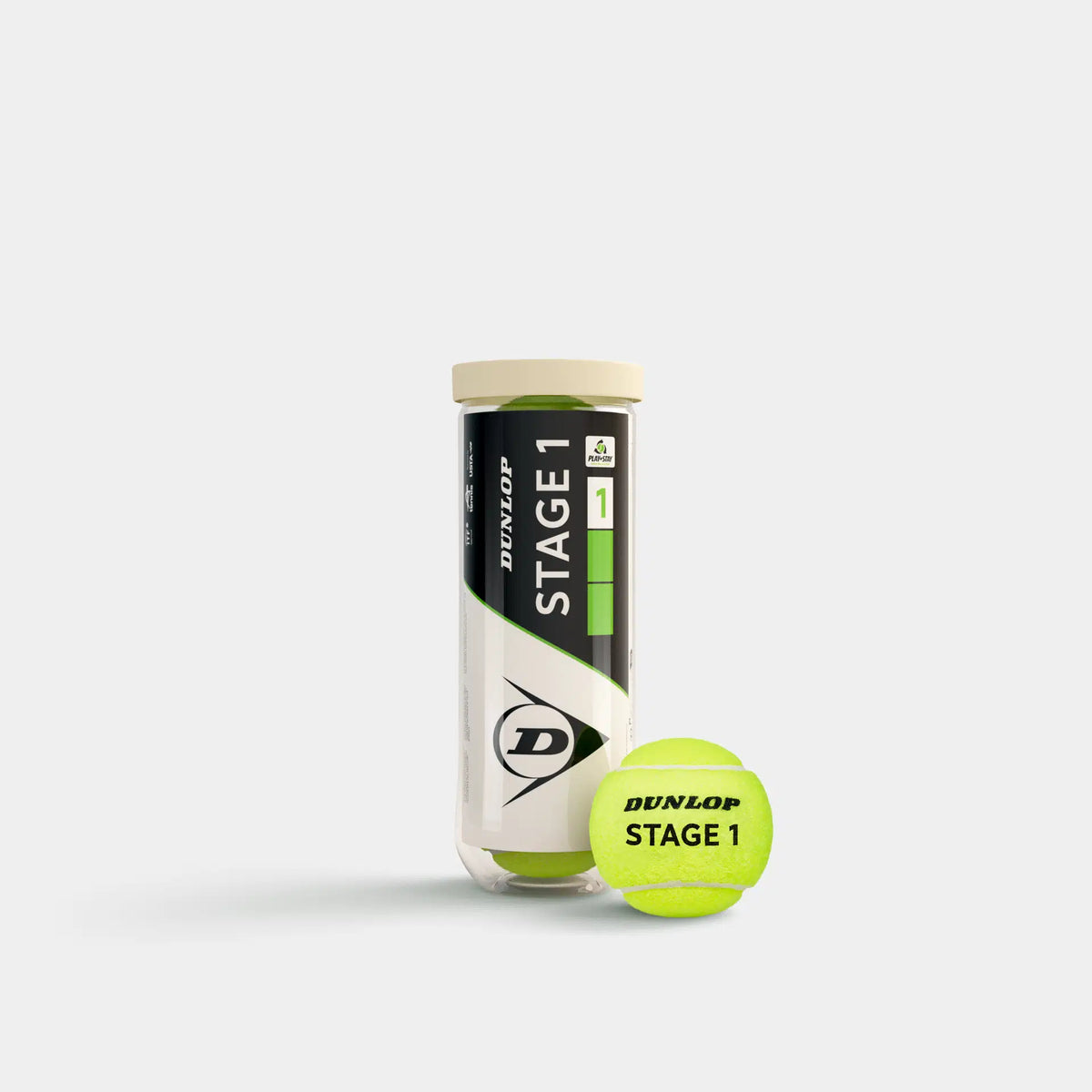 A tube of three Dunlop Stage 1 Tennis Balls from Dunlop is shown with one green ball displayed in front, set on a plain white background—ideal for progression tennis training.
