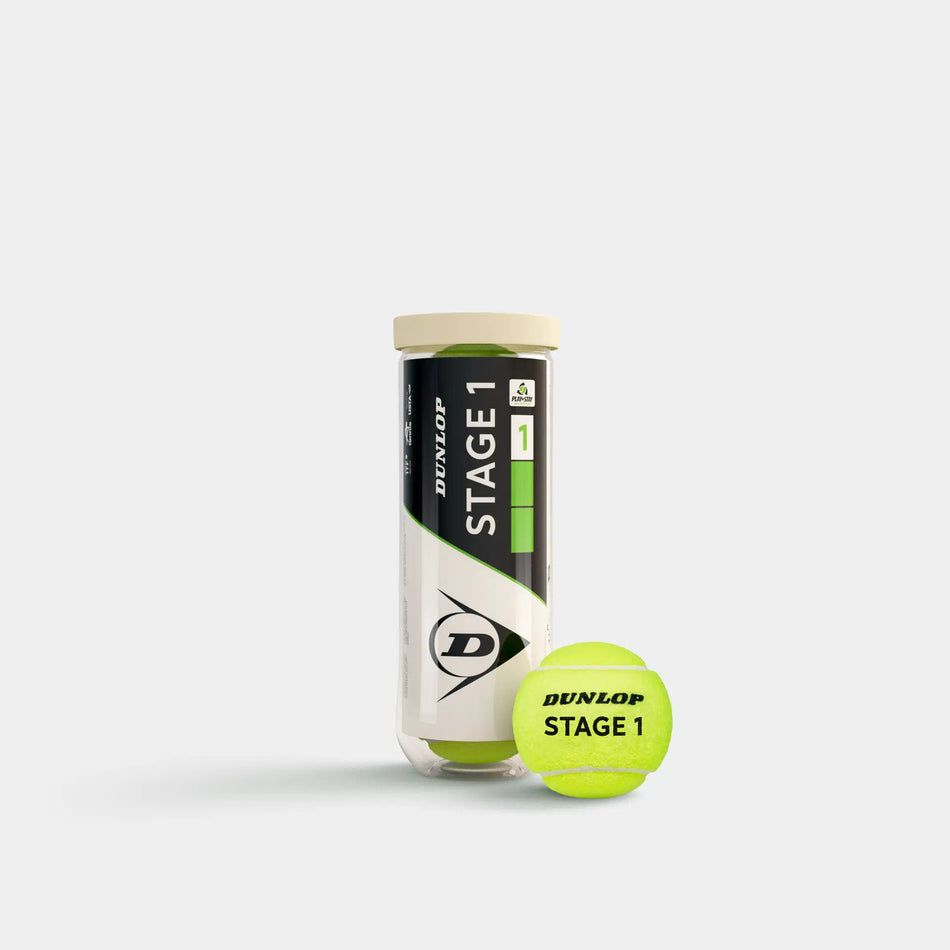 A tube of three Dunlop Stage 1 Tennis Balls from Dunlop is shown with one green ball displayed in front, set on a plain white background—ideal for progression tennis training.