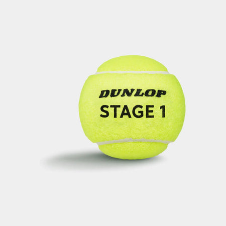 A tube of three Dunlop Stage 1 Tennis Balls by Dunlop, ideal for progression training, is displayed on a plain white background with a faint shadow to the left.