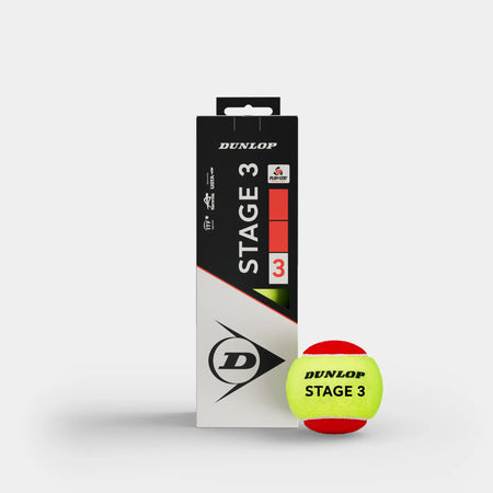 A Dunlop Stage 3 Tennis Ball sits before its black, red, and white box labeled “Dunlop” and “Stage 3”—a box of 3 beginner-friendly balls ideal for kids who are learning tennis.