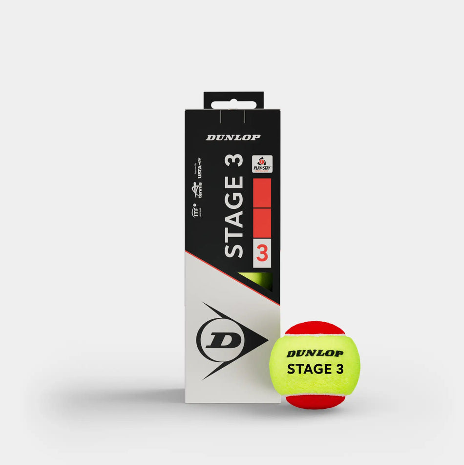 A Dunlop Stage 3 Tennis Ball sits before its black, red, and white box labeled “Dunlop” and “Stage 3”—a box of 3 beginner-friendly balls ideal for kids who are learning tennis.