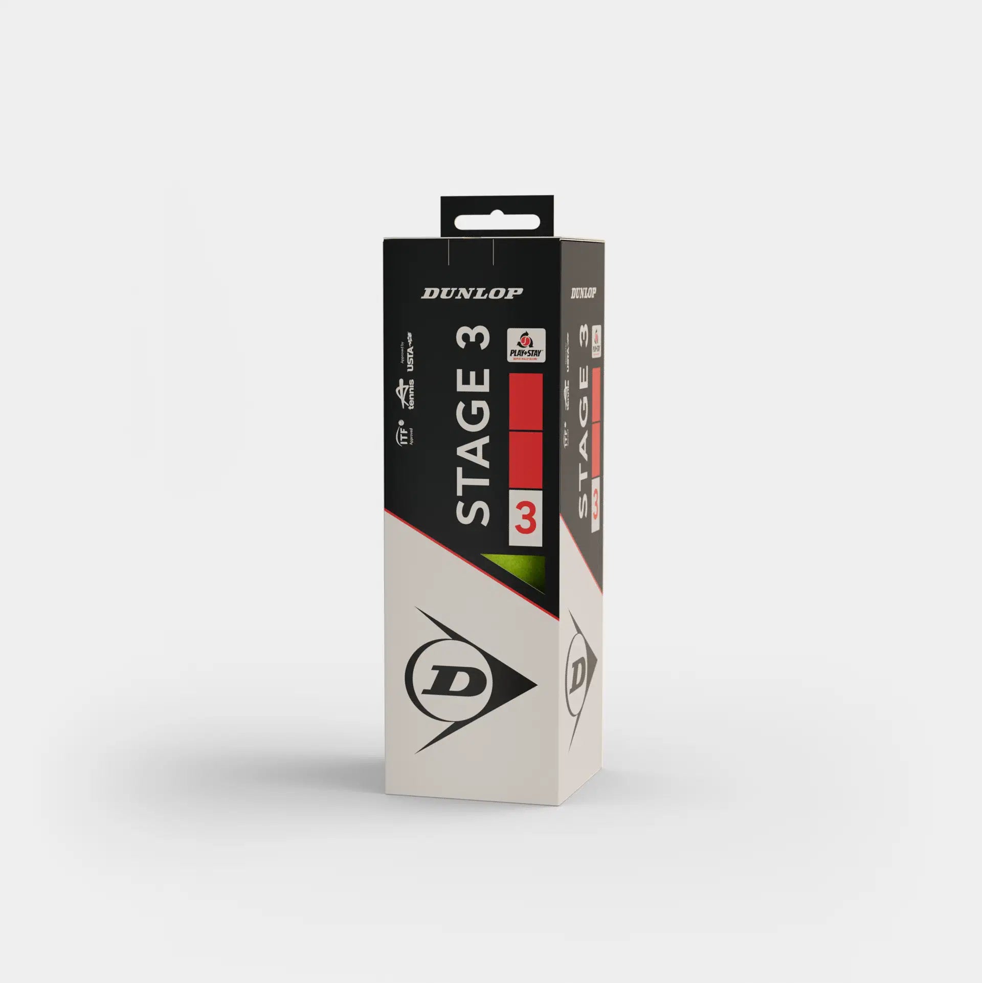 A box of Dunlop Stage 3 Tennis Balls - Box of 3 stands upright on a white background. The white box, by Dunlop, features black, red, and green accents with the brand logo and Stage 3 text clearly visible. Ideal starter tennis balls for kids.
