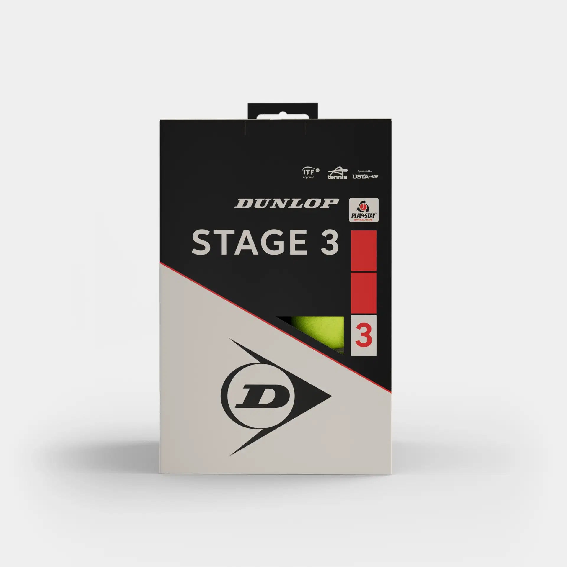 Dunlop Stage 3 Tennis Balls - Box of 12 feature a black and white box with the Dunlop logo, a red stripe, and a cutout revealing the yellow balls inside. Designed for beginners, the box highlights "Stage 3" and "3" in red.