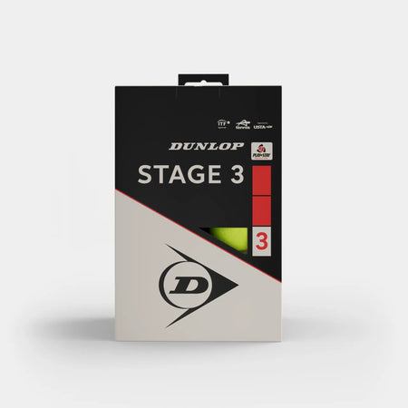 Dunlop Stage 3 Tennis Balls - Box of 12 feature a black and white box with the Dunlop logo, a red stripe, and a cutout revealing the yellow balls inside. Designed for beginners, the box highlights "Stage 3" and "3" in red.