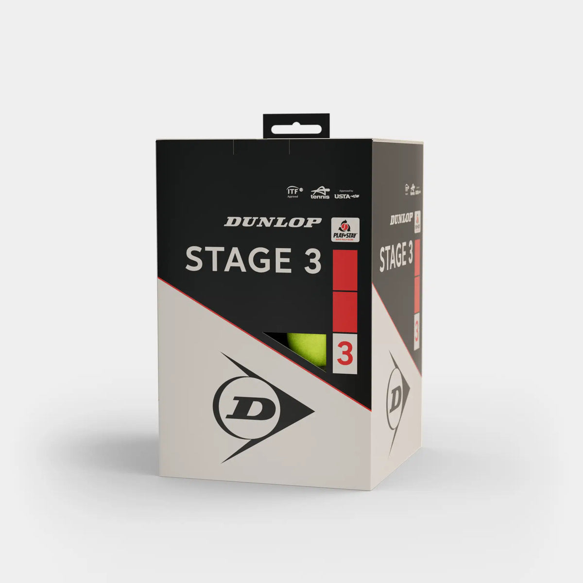 A box of 12 Dunlop Stage 3 Tennis Balls—designed for beginners and kids—features the Dunlop logo and Stage 3 text, plus a cutout displaying the yellow balls; perfect for training young children.