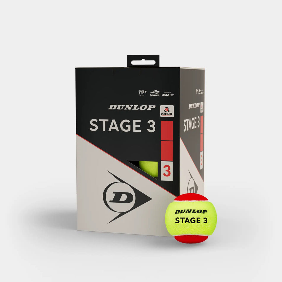 The Dunlop Stage 3 Tennis Balls - Box of 12 are shown, ideal for beginners. The packaging in black, white, and red features the Dunlop logo, "STAGE 3" text, and an image of the red-and-yellow tennis balls.